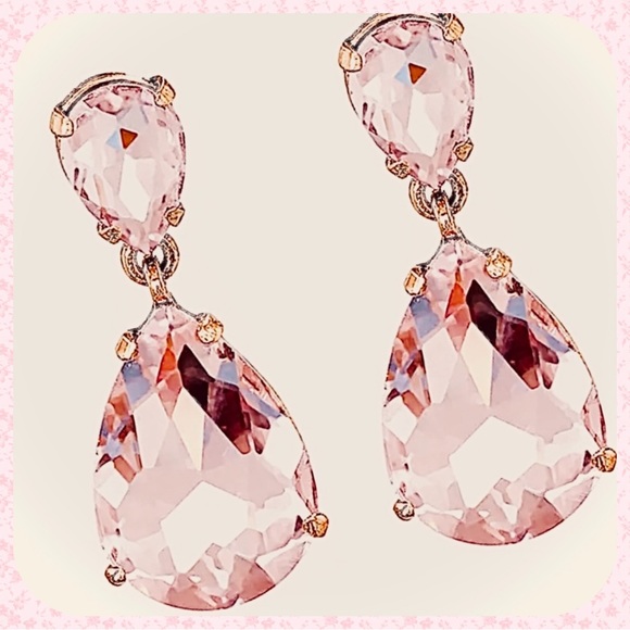 STUNNING PINK DROP EARRINGS SET IN GOLD - NEW - Picture 2 of 2
